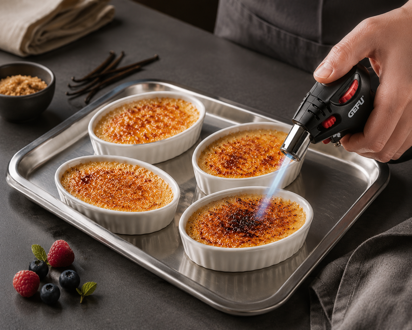 Set crème brûlée avec 6 bols blanc en porcelaine